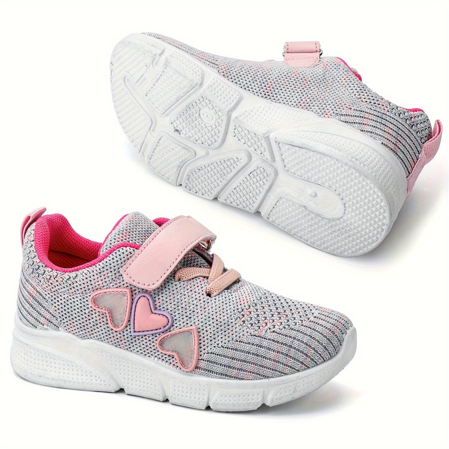 Kids' pink heart design athletic sneakers with breathable knit upper, secure hook-and-loop closure, non-slip rubber sole, perfect for running and walking all year round.