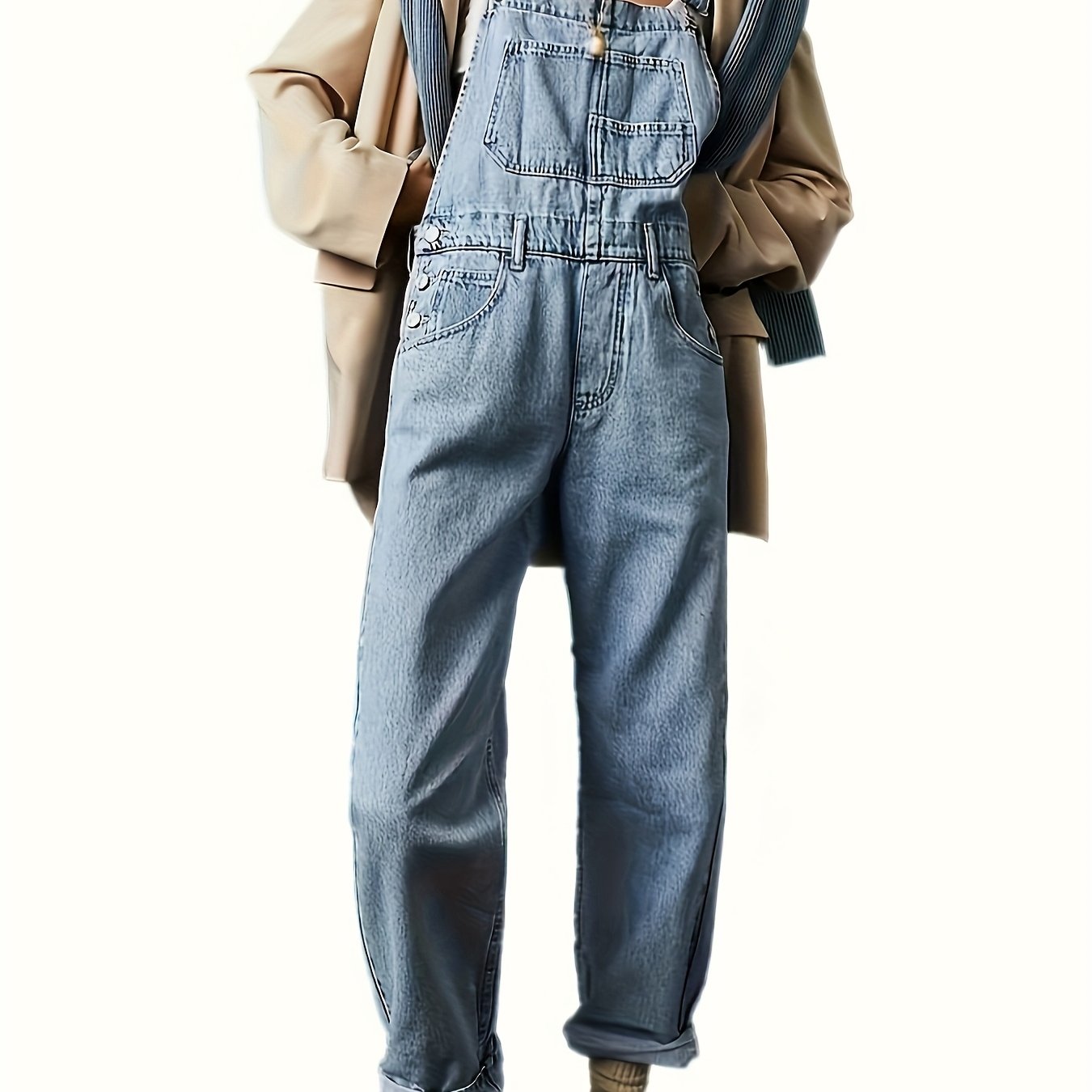 Casual solid color denim overalls for women, made of viscose and polyester blend fabric, strappy back design, no belt included, regular fit.