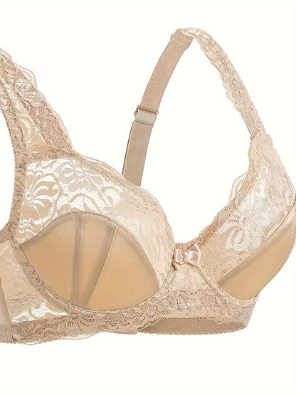 Plus size romantic bra with bow floral lace scallop trim and wide underwire straps for women.