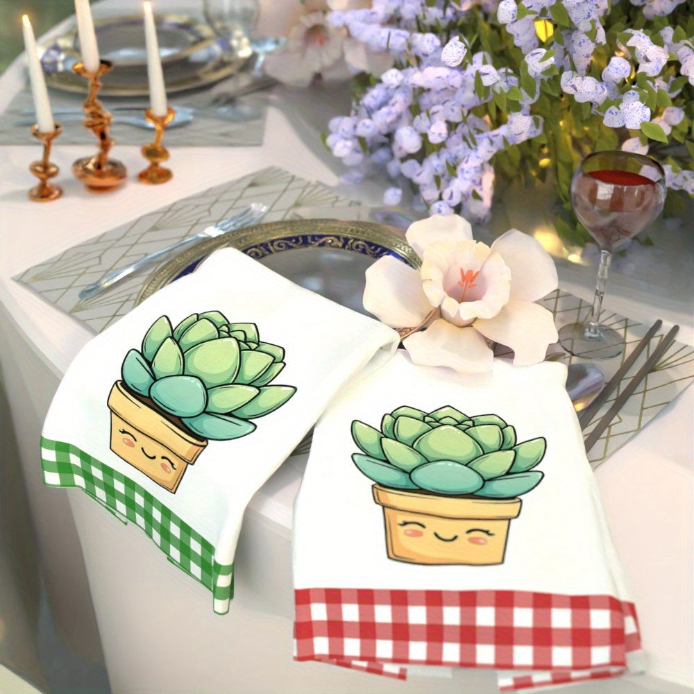 This set includes 2 tea towels with a charming cartoon-style potted plant design, each measuring 45.72 x 66.04 cm. These towels are not only highly absorbent and durable, but also come in vibrant colors. They are easy to care for as they are machine