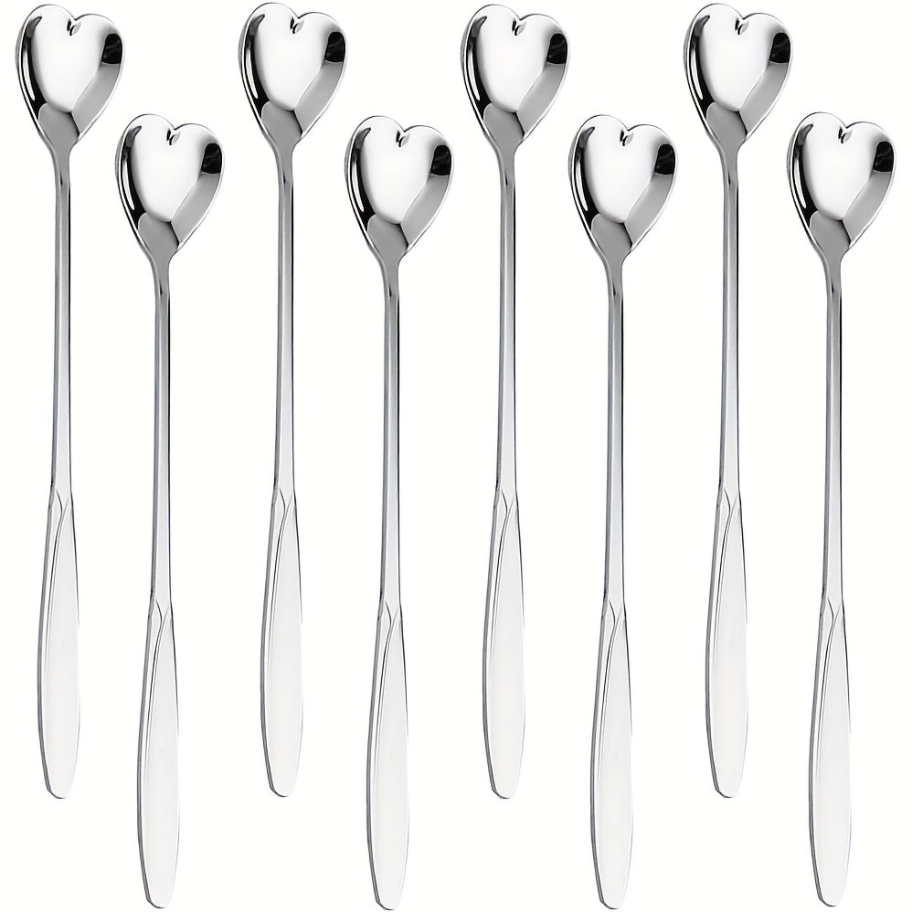 Set of 8 adorable heart-shaped coffee spoons, with a shiny mirror finish and long handles. Made of stainless steel, suitable for stirring drinks, desserts, and cocktails. Ideal as a gift for a loved one, perfect for tea parties, coffee bars, weddings