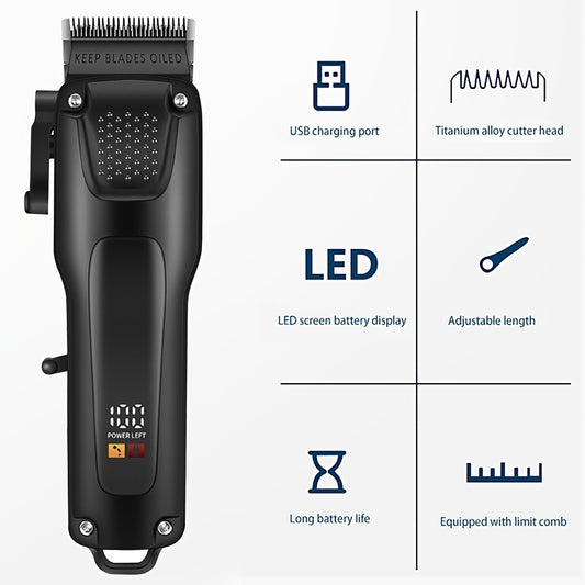 Cordless hair clippers for men with digital display, rechargeable lithium battery, USB charging, and guide combs. Perfect Father's Day gift.