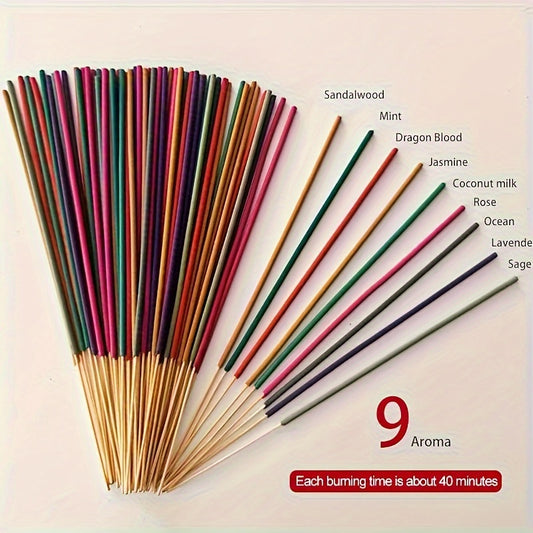 50pcs high-quality aromatherapy incense sticks with 5 scents: Dragon's Blood, Jasmine, Milk, Sandalwood, Ocean. Perfect for meditation, relaxation, deodorization, and more.