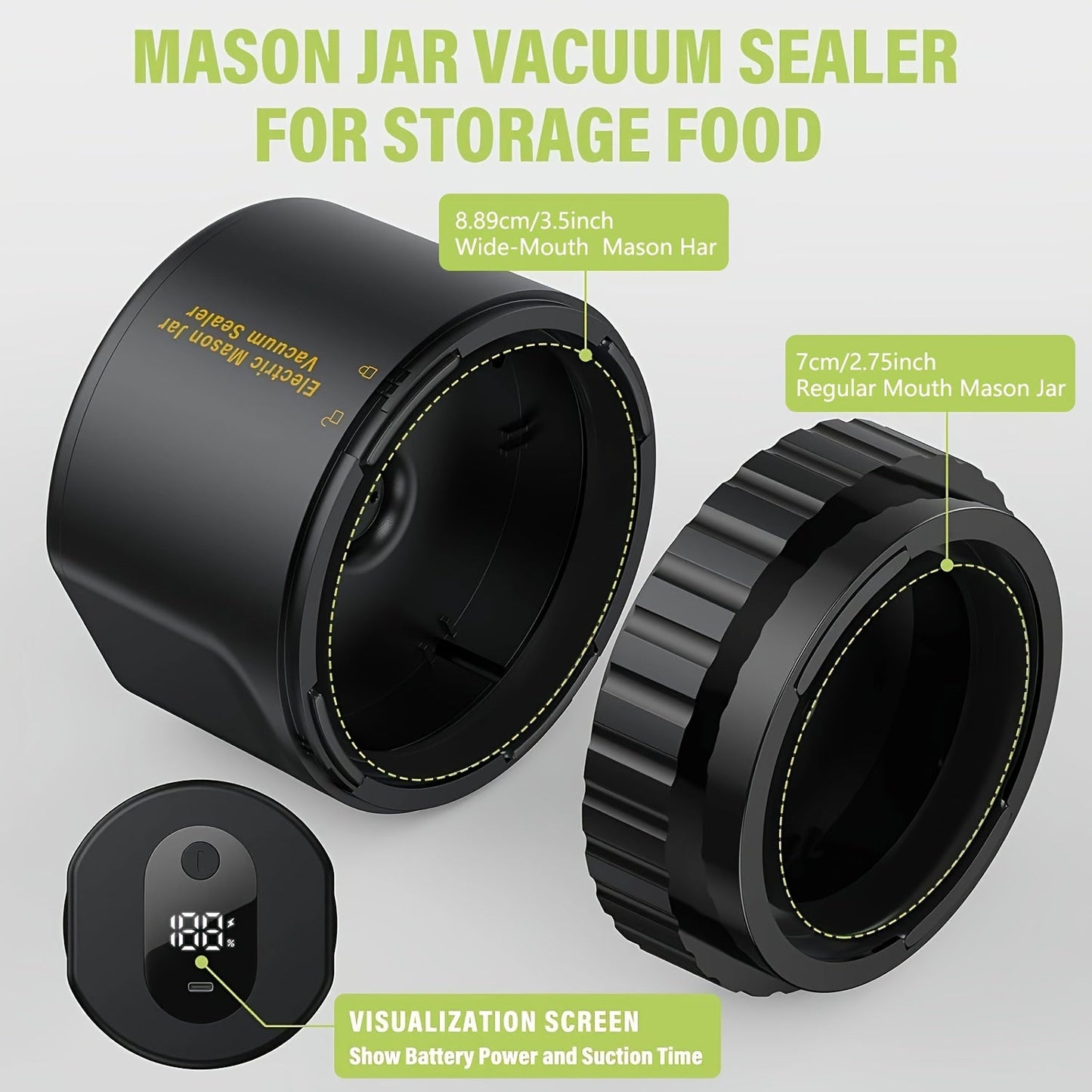 The Cordless USB Rechargeable Electric Mason Jar Vacuum Sealer Set includes a plastic vacuum seal machine with 10 lids. It features a built-in lithium battery with 1200mAh capacity, 5W semi-automatic operation, and is ideal for food preservation and