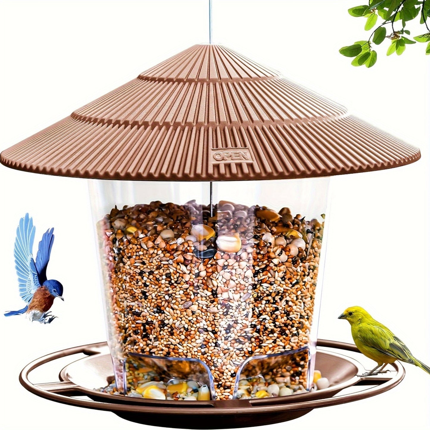 Outdoor hanging bird feeder with automatic features for hummingbirds and wild birds in your garden yard.