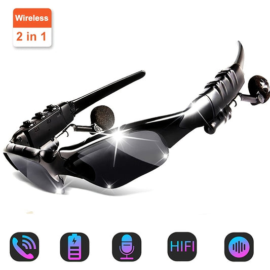 Ankriyul 2-in-1 glasses with built-in wireless earphone headset for sports and driving in black, featuring call control, rechargeable battery, and hands-free mic.