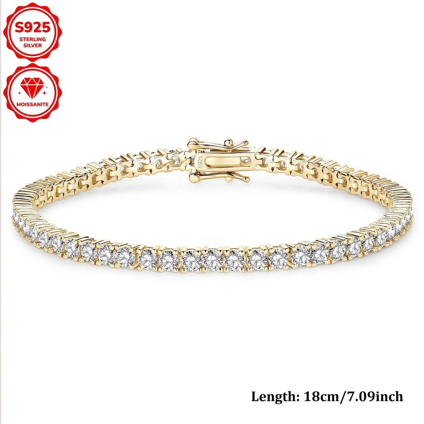 Beautiful 925 Sterling Silver Moissanite Tennis Bracelet with Gold Plating, Featuring 3mm Synthetic Stones totaling 5.4ct. Perfect for April Birthdays, Available in 17cm or 18cm. Ideal for Weddings, Vacations, and as a Thoughtful Christmas Present.