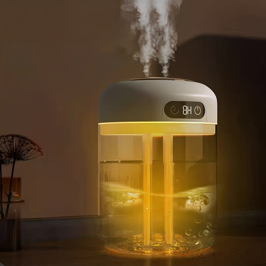 4.5L dual spray water humidifier with quiet operation and remote control via USB charging.