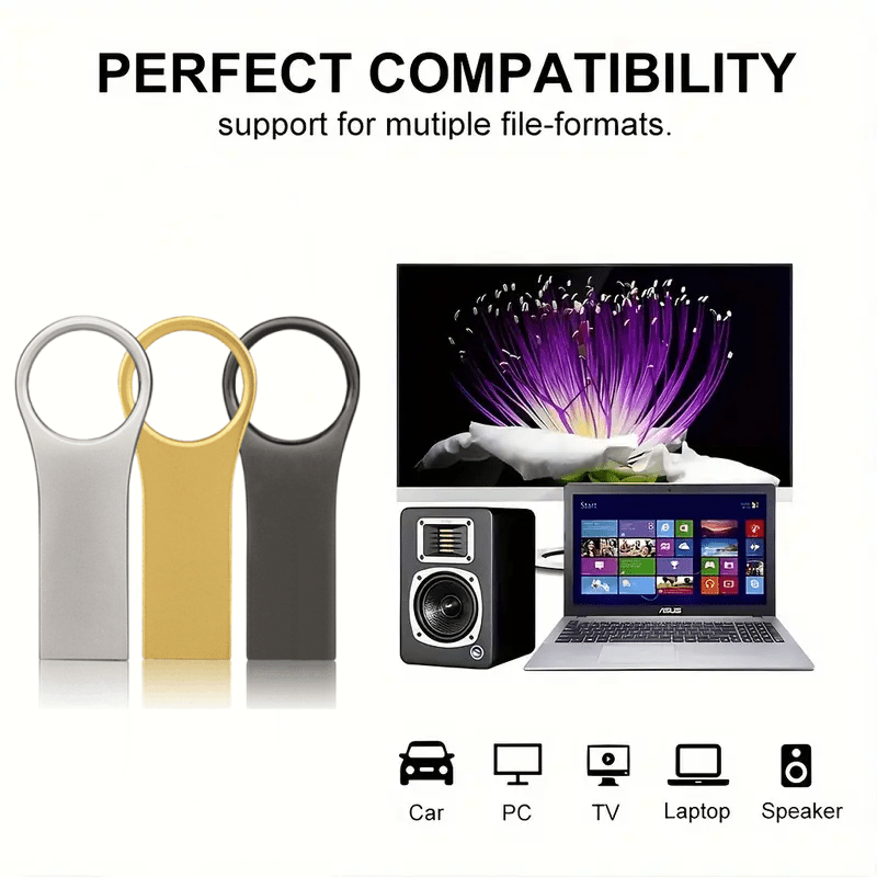 Metal flash drive with capacities from 8GB to 110GB, high-speed USB 2.0, keychain for easy transportation, ideal for storing photos, videos, and files.