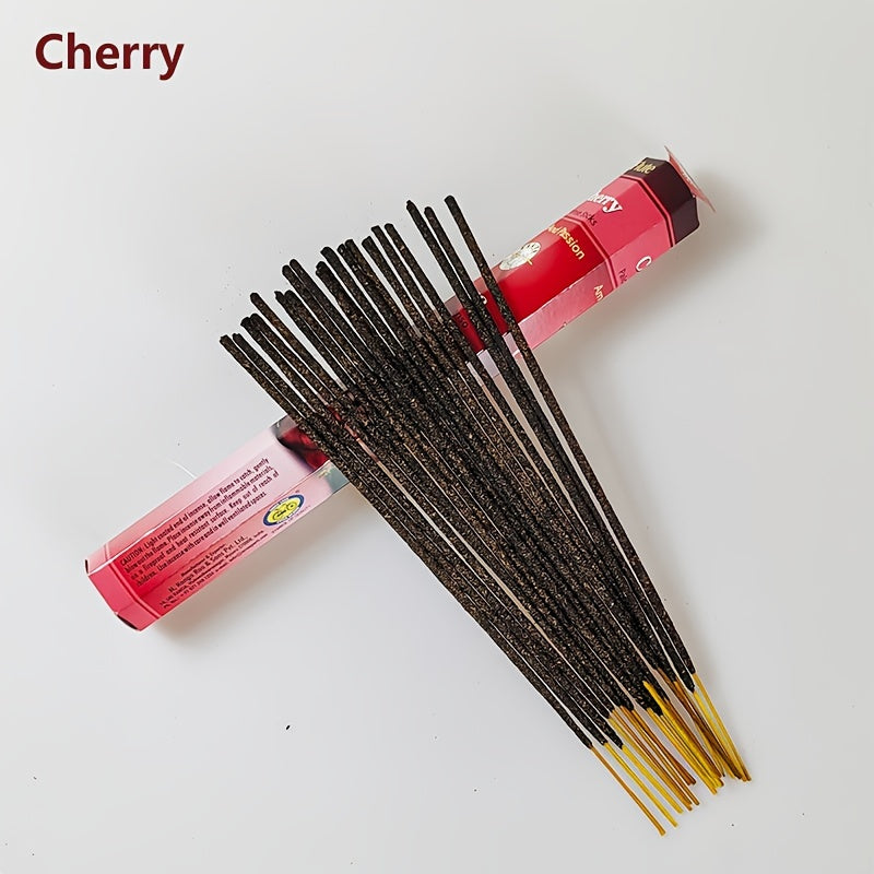 Box of 20 incense sticks in assorted fragrances like Vanilla, Sandalwood, Cherry, Women's, White Rose Yoga, and Lavender. Ideal for yoga, meditation, and home decor. Experience the scents of India.