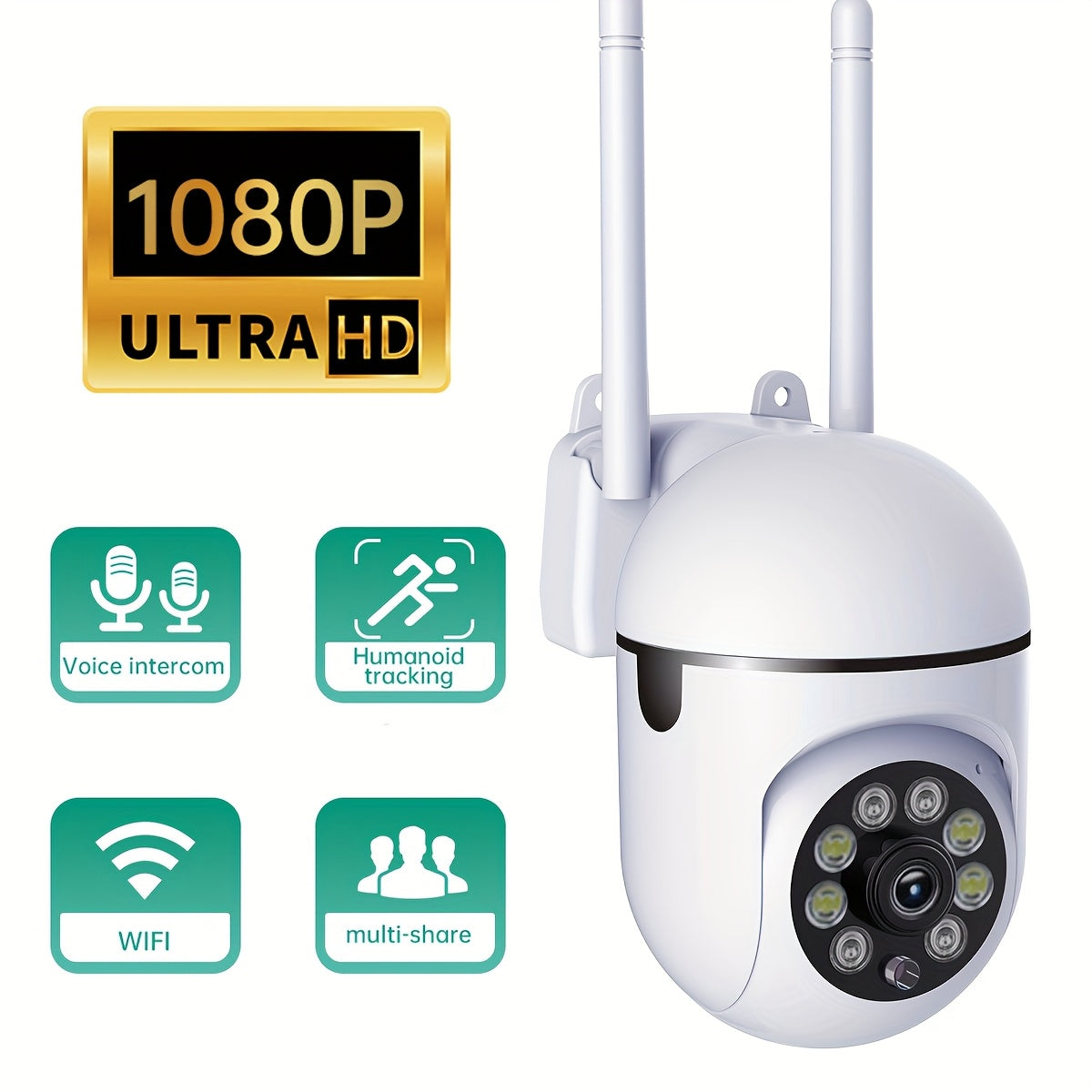 One JOOAN 1080P HD WiFi Camera with Indoor PTZ Security, Two-Way Audio, Motion Detection, Auto Tracking, Alarm Alerts, Night Vision, App Control, Smartphone Compatibility, Apple HomeKit Support - Can be Wall Mounted and Powered by USB.