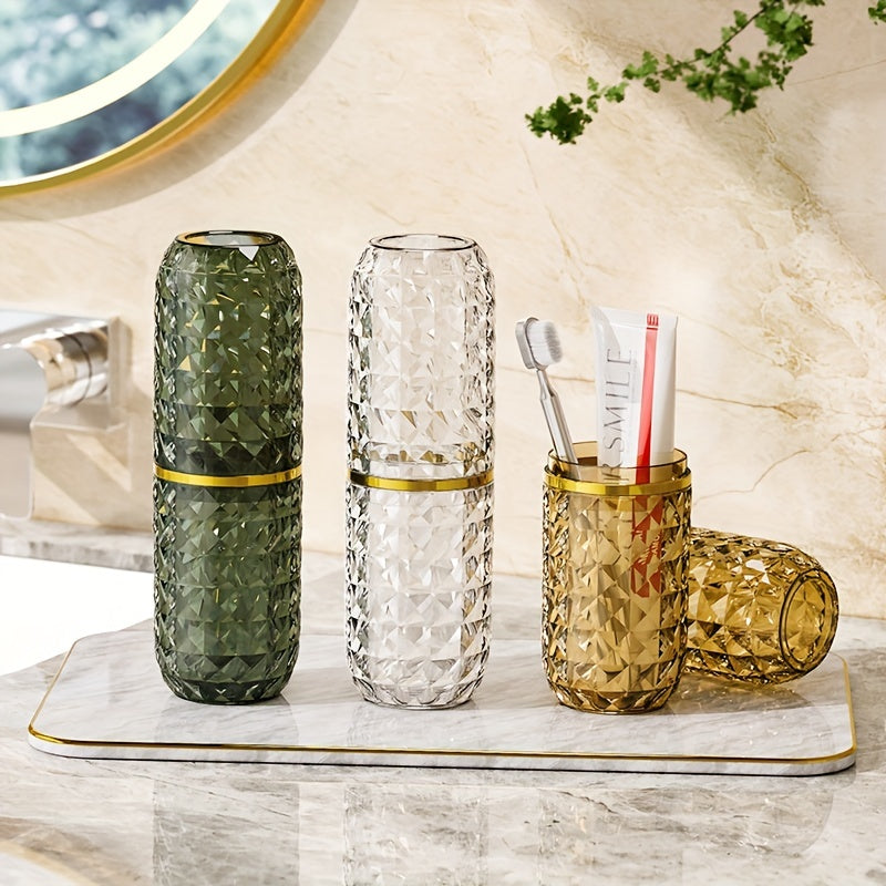 Plastic bathroom tumbler with toothbrush storage box and toothpaste holder - ideal for travel and home use.