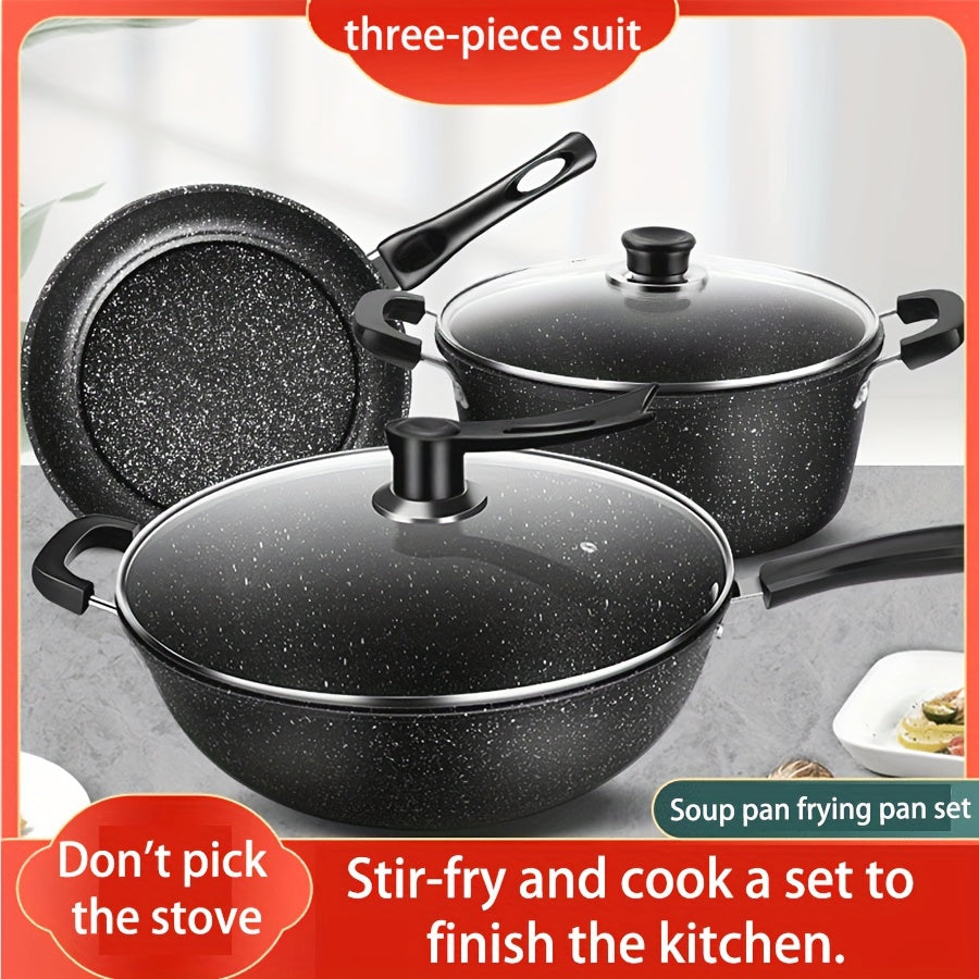 Set of 3 Non-Stick Cast Iron Cookware Pieces with Lids - Includes Soup, Frying, and Wok Pans for Multi-Purpose Kitchen Cooking