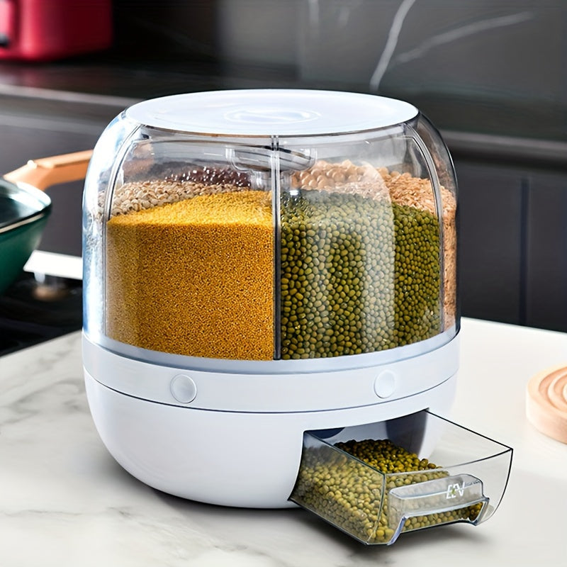 Large capacity rotating rice dispenser for storing rice, cereals, grains, flours, and pet food. Airtight, insect-proof, and space-saving kitchen organizer.