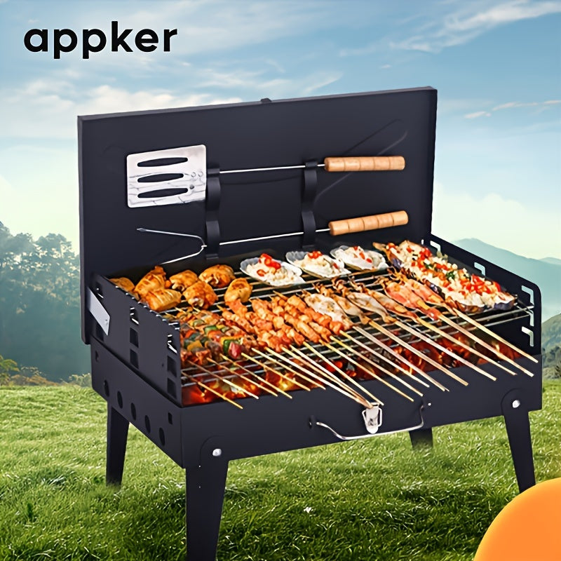 Appker Portable Charcoal BBQ Grill Set with foldable cast iron design, polished finish, windproof & dustproof lid, and includes BBQ tools.