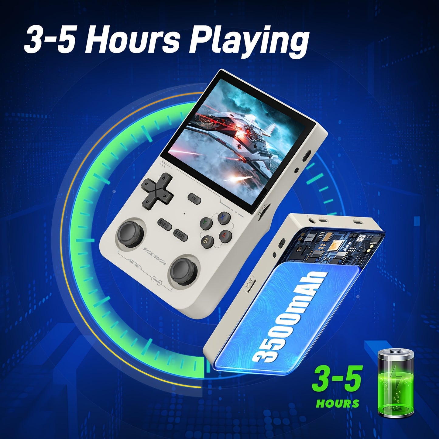 Open-source portable gaming console with long battery life, 3.5-inch HD screen, 64GB TF card, OTG adapter, USB charging cable, and multi-language support.