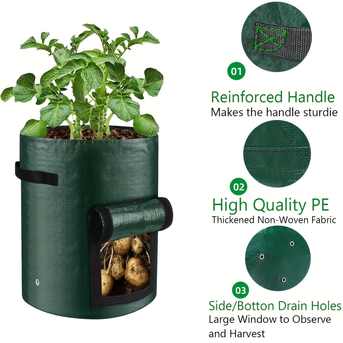 5pcs Green 7-Gallon Grow Bags with Handles - Aerated Fabric, Ideal for Outdoor Vegetable Gardening, Potatoes, Tomatoes, Fruits, Efficient Drainage.