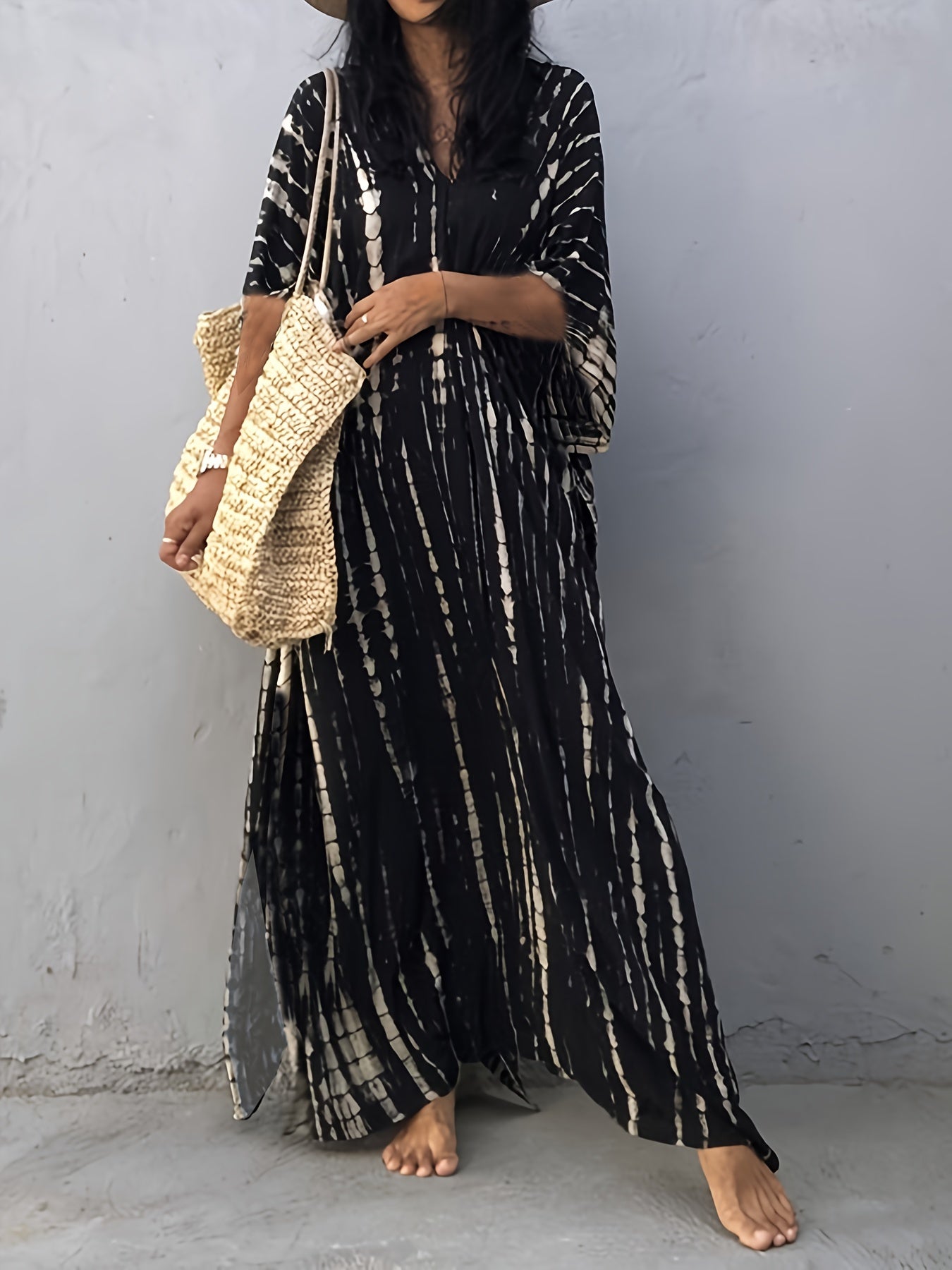 Boho Chic Plus Size Black & White Colorblock V-Neck Kaftan Dress - Loose Fit, Machine Washable, Bone Chain, Long