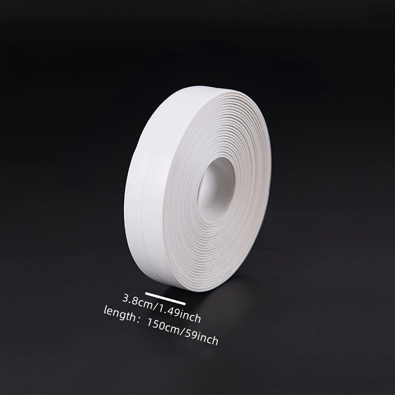 Waterproof caulk tape for bathroom and toilet, self-adhesive strip for bathtub, sink, and wall edge protection, white PVC.