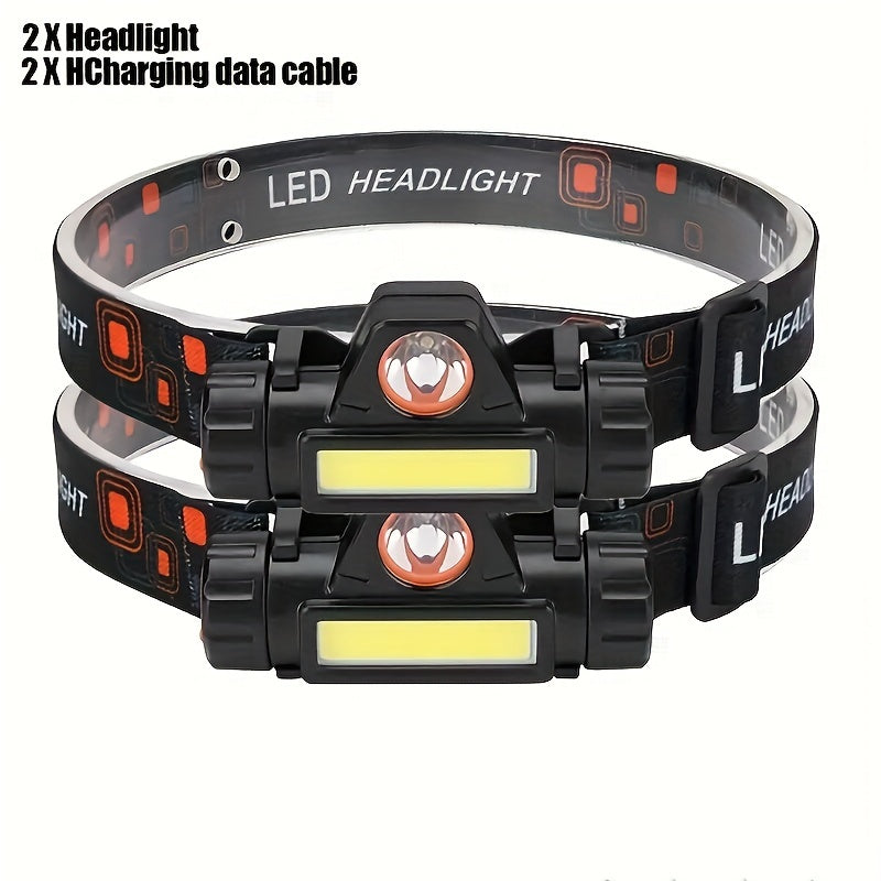 Dual light source headlamp with USB fast charging, magnetic absorption, and compact design, ideal for home, outdoor, and emergency situations.