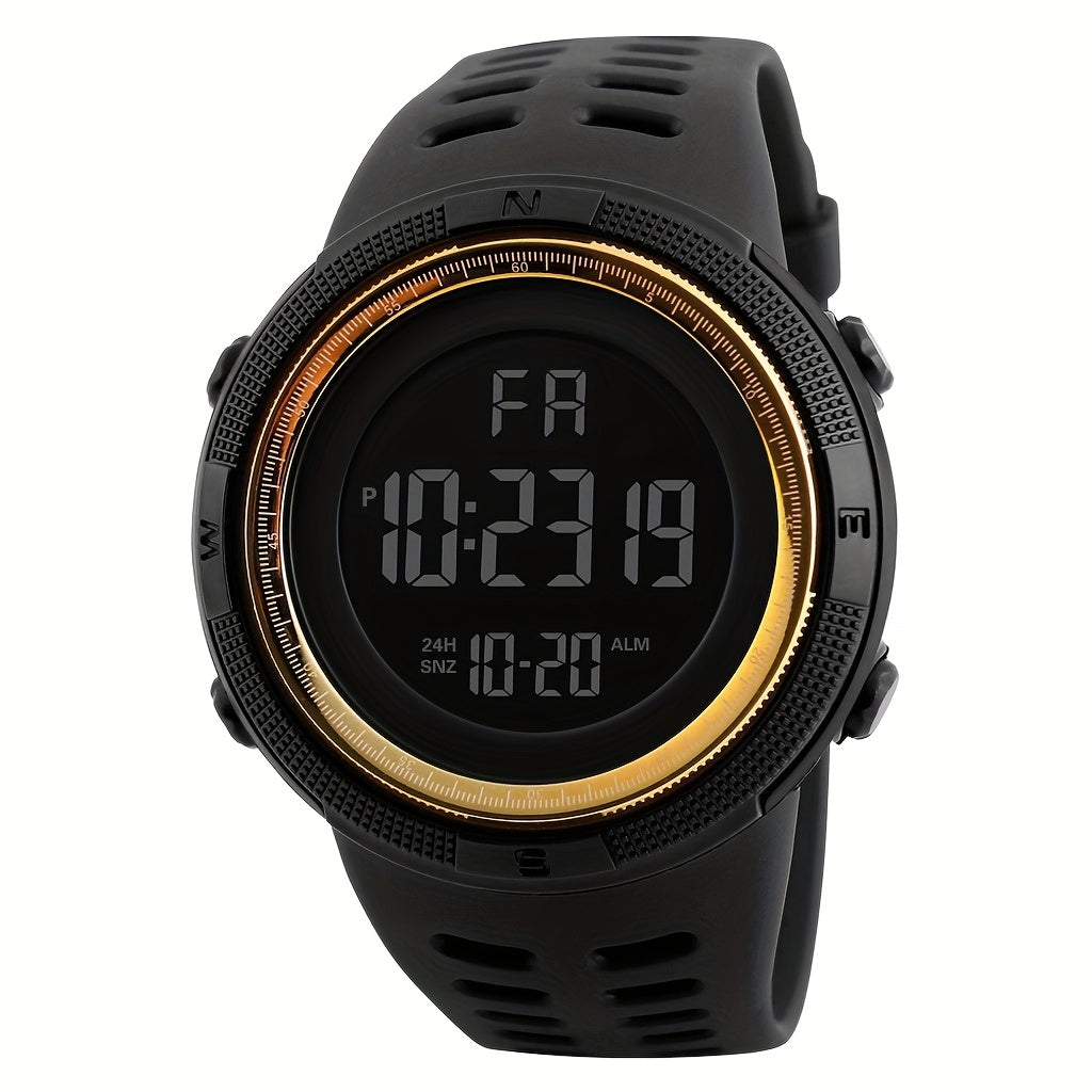 Unisex sports digital watch with large backlit display, silicone strap, date and week display, multi-function electronic movement, battery powered, plastic case - perfect birthday gift.