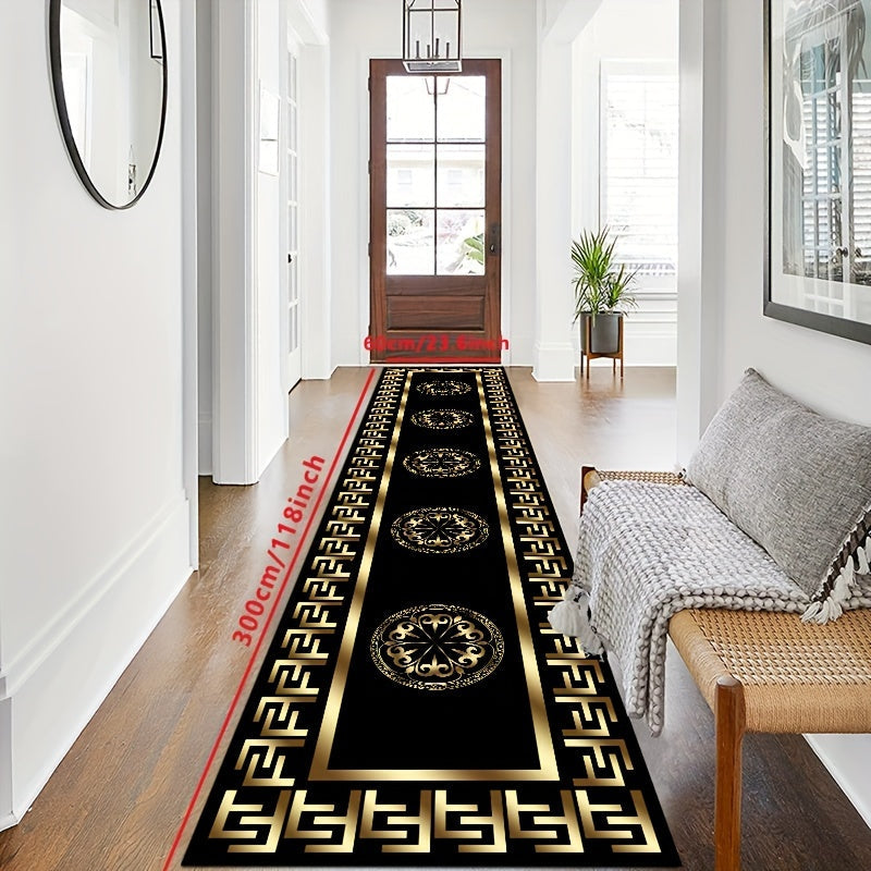 Elegant F-Pattern Runner Rug in Luxurious Golden and Black - Non-Slip, Machine Washable Polyester Carpet for Entryway, Living Room, Bedroom, Outdoor Patio, Garden, and Yard Decor