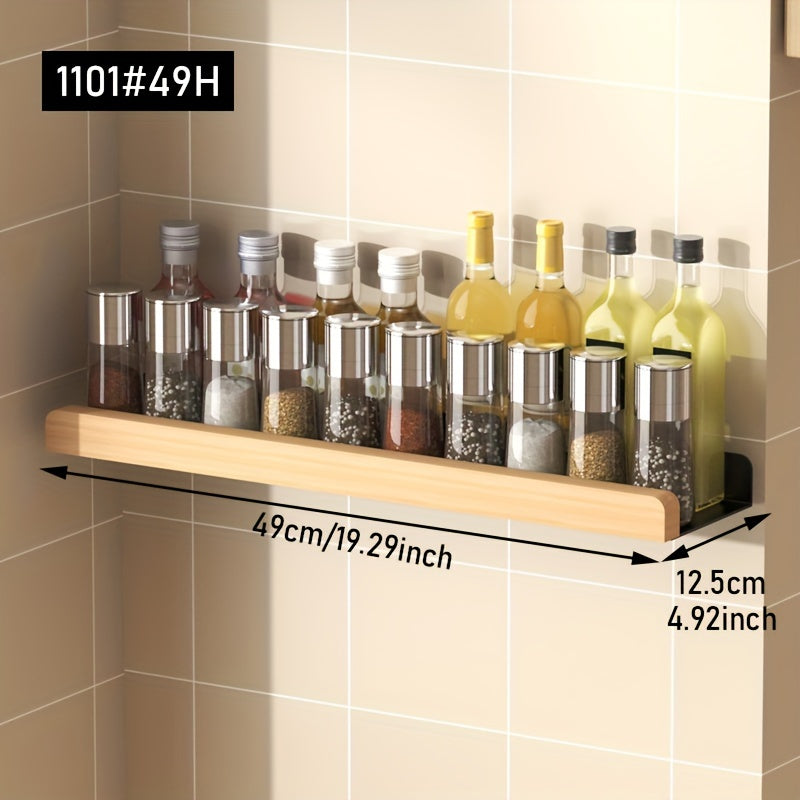 Wood and metal kitchen spice rack with hooks. Wall-mounted for modern style and efficient storage. Multifunctional shelf for kitchen accessories. Hardwood organizer for spices without the need for electricity.