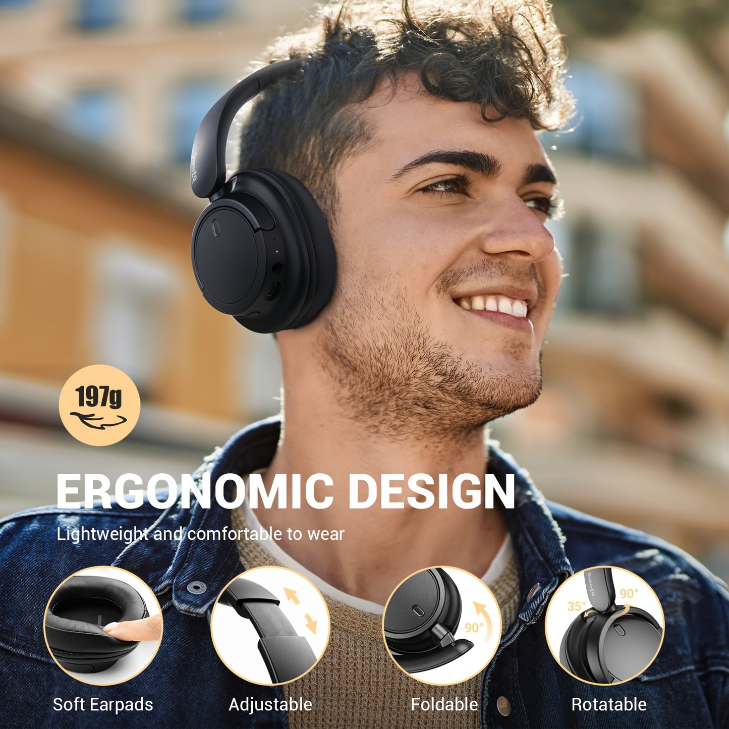 SuperEQ V16 Over-Ear Wireless Headphones featuring Wireless 5.3, Foldable Design with Mic, Deep Bass/Pop Modes, 90H Playtime, Lightweight & Comfortable.