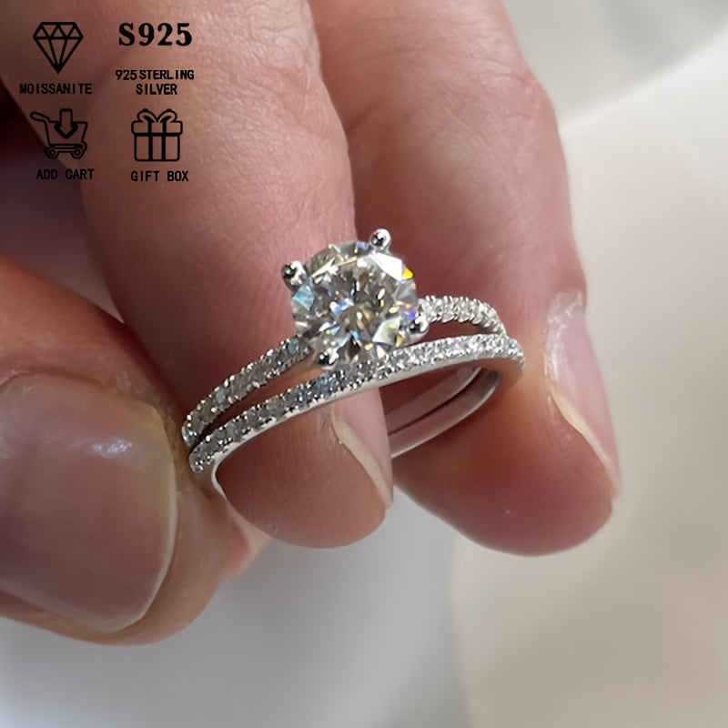 Stunning 2ct S925 Sterling Silver Moissanite Two-Piece Ring Set, Hypoallergenic Faux Diamond Stacking Engagement and Wedding Rings for Women, Perfect for Bohemian Vacation Style. Ideal Gifts for Her.