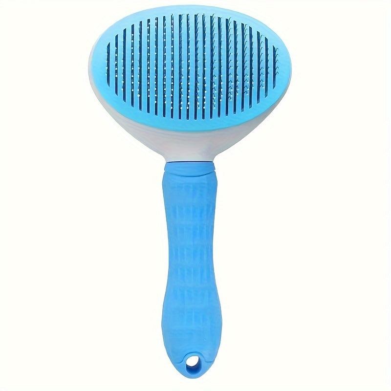 Pet hair removal brush with stainless steel bristles and one-click detangling comb for dogs and cats. Made of durable ABS material.