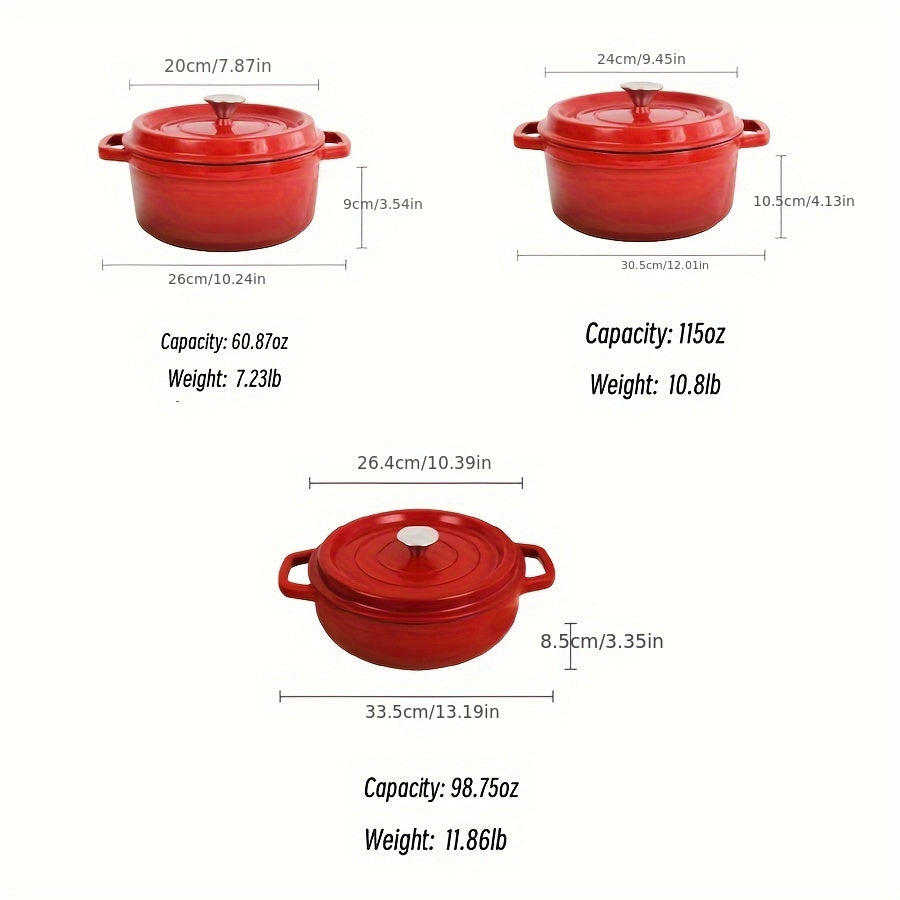 Enhanced Enamel Coated Cast Iron Pot with Lid - Ideal for Cooking Stew, Soup, and More, Non-Stick Surface, Suitable for Use with Oven, Induction, Gas, and Electric Cooktops, Comes in 60.8oz, 98.7oz, and 115oz Capacities.