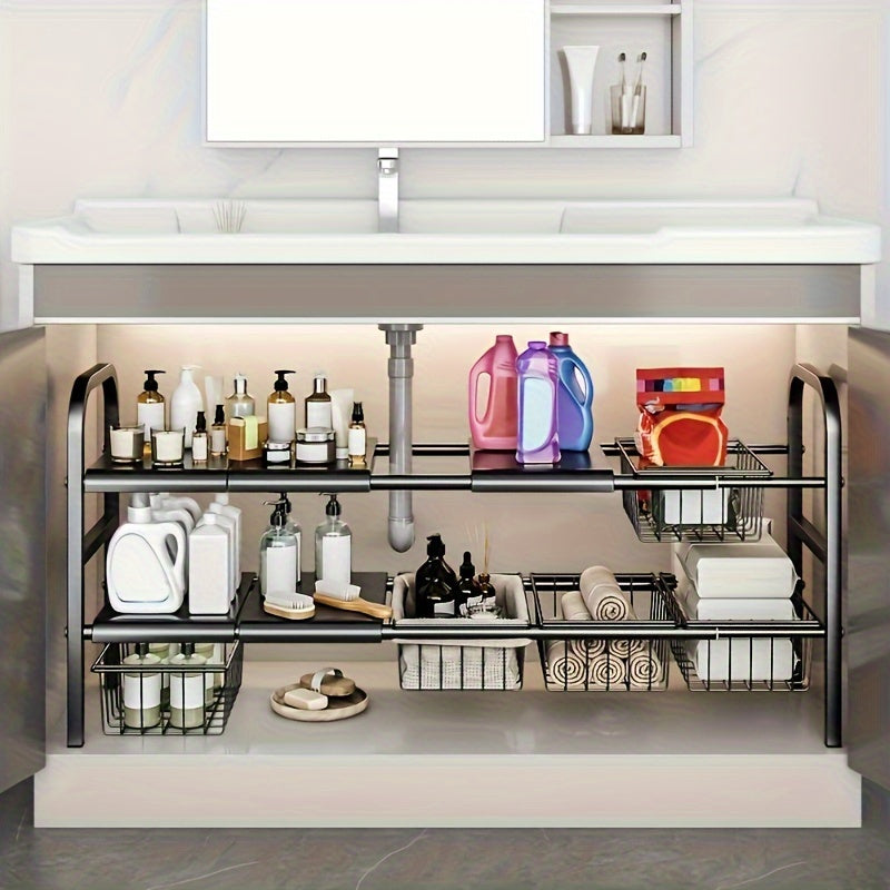 Modern black metal storage rack set with removable baskets for kitchen and bathroom organization. Multi-tier design for efficient space utilization.