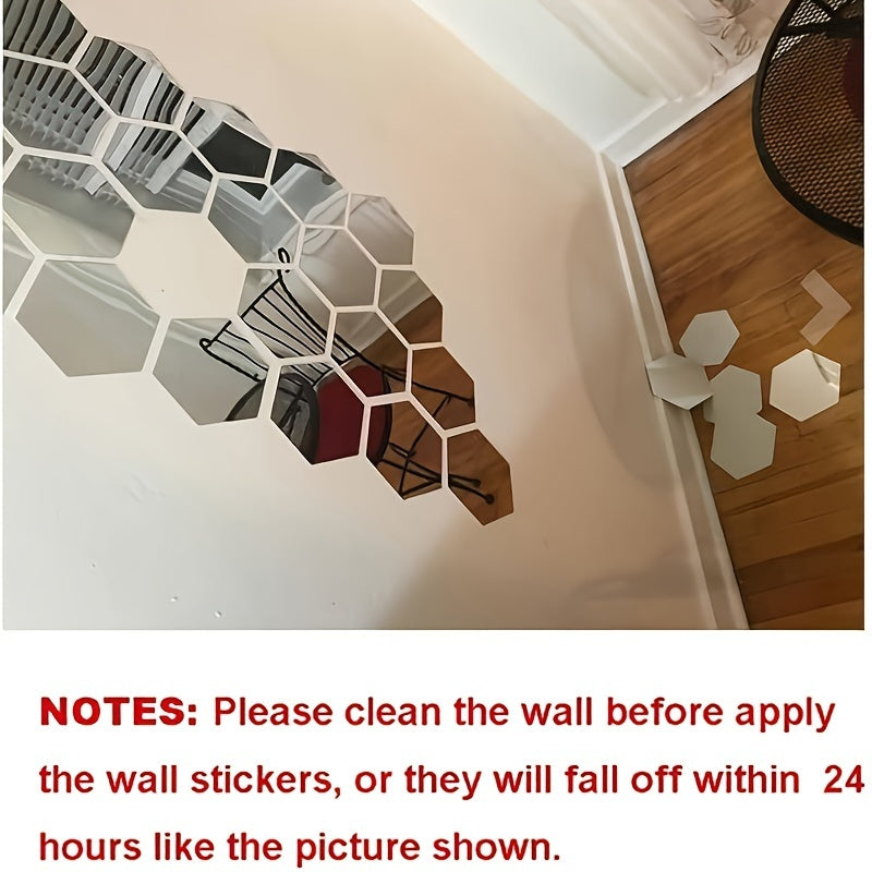 12 hexagonal mirror wall stickers - magnetic, self-adhesive acrylic tiles for decorating living room, bedroom, and TV background.