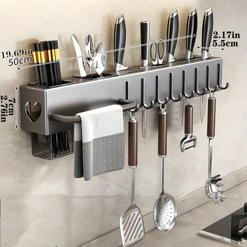 Kitchen Utensil Rack - Space Saving Knife Storage Shelf for Cutlery, Wall-mounted Organizer for Kitchen Tools, Multi-functional Metal and Plastic Holder for Kitchen Accessories