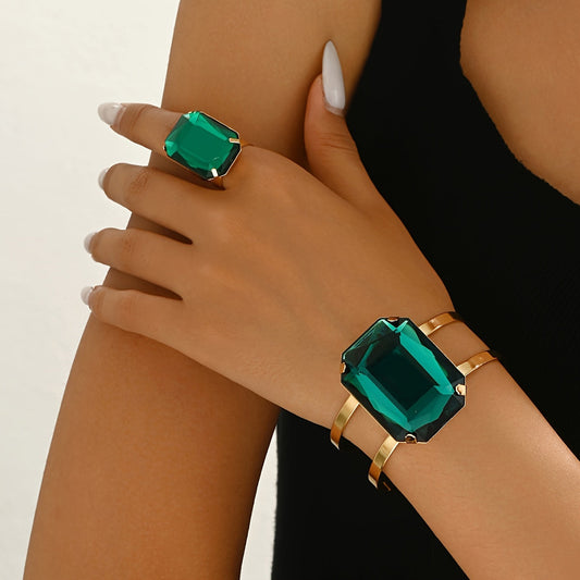 Fashionable Retro Design Jewelry Set: Vintage French Style Square Faux Gemstone Two-Tone Ring and Bracelet Set for Women. Made from Alloy Material, Perfect for Daily Wear and Gift-Giving. Versatile for All Seasons.