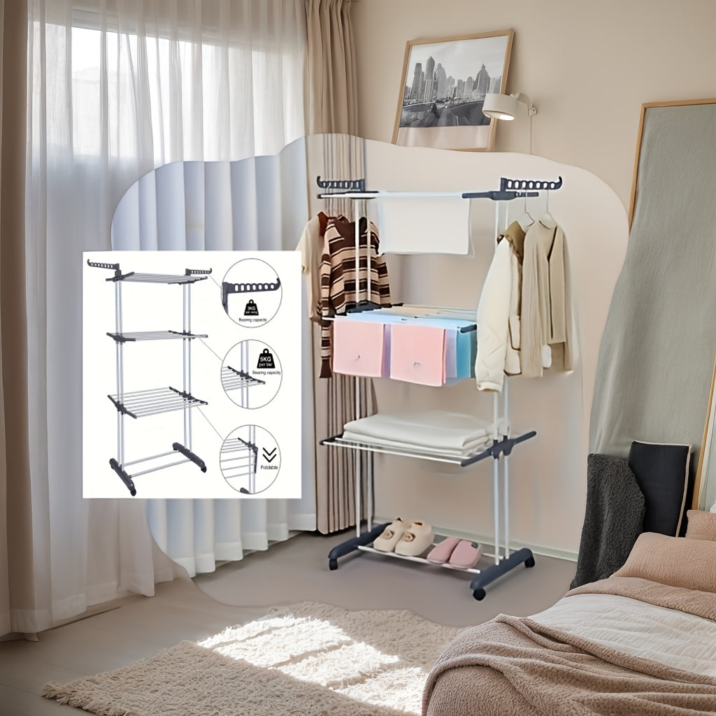 Expandable and foldable 3-tier metal clothes rack for indoor/outdoor use. Freestanding and space-saving design perfect for balcony storage and home laundry drying.