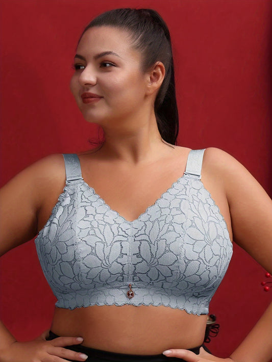 Stylish French-inspired plus size lace bralette with floral print - thin, wireless, breathable, and slimming.