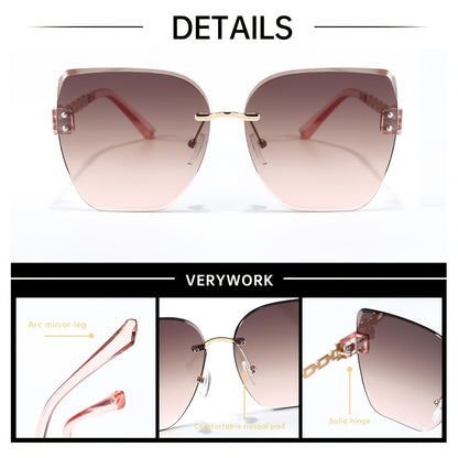 Verywork Women's Retro Square Frame Fashion Glasses with Stainless steel, Gradient Pink to Brown Lenses, Golden-Tone Chain Detail; Perfect for Daily Wear & Carnival; Stylish glasses.