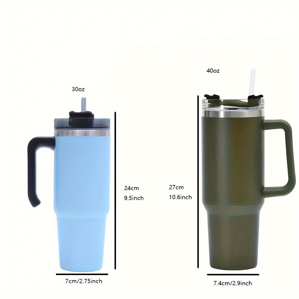 Stainless steel water bottle with handle, leak-proof, double-walled insulation for hot and cold drinks, BPA free, ideal for hikers.