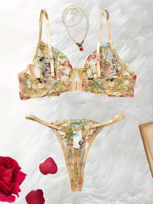 Floral Embroidered Lingerie Set: Sheer Mesh Bra & Panties, Ideal for Date Night or Honeymoon