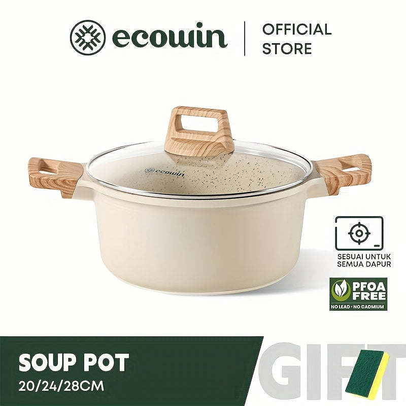 The Ecowin Non-Stick Soup Pot with Lid is perfect for all stovetops. It comes in three sizes (19.99cm, 24.0cm, 27.99cm) and features a large capacity, easy cleaning, and induction compatibility. Plus, it is PTFE & PFOA free for safe and healthy cooking.