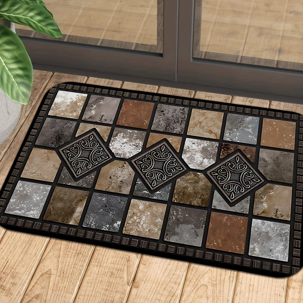 Welcome guests with this durable, non-slip washable polyester fiber doormat featuring a redstone and tile pattern. Perfect for entryways, gardens, and living spaces, this machine washable rug comes in multiple sizes to suit your needs. Add a farmhouse