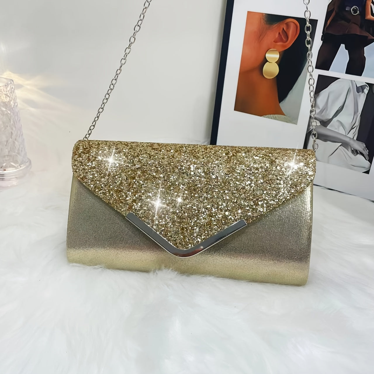 Luxurious metal-adorned evening bag for weddings and parties.