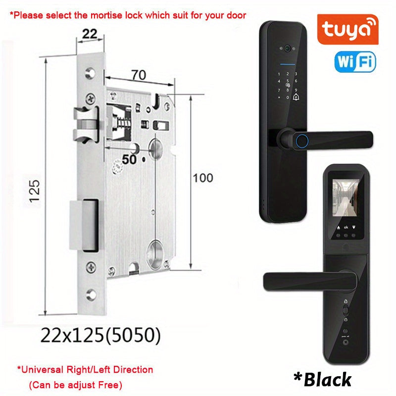 Smart door lock with biometric camera, fingerprint, smart card, password, and key unlock.