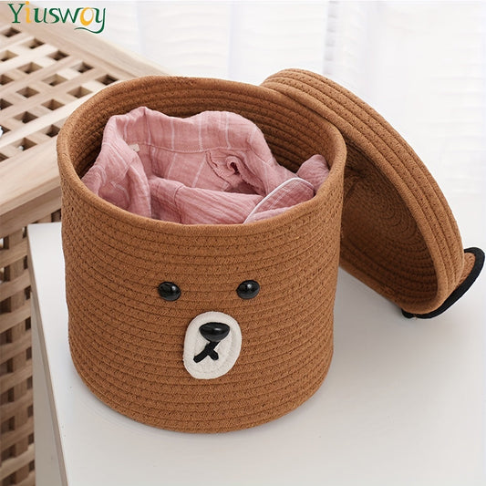 Rope Woven Basket for the Home: Ideal for household storage and organization. Perfect for baby clothes, dirty laundry, and kid's toys. Features a cute bear design, with a lid for nursery, bedroom, and living room decor.