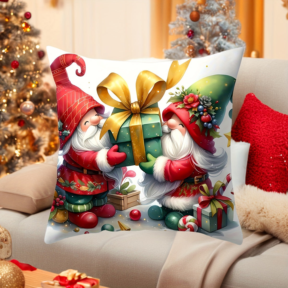 Gnome and Truck Christmas throw pillow cover in contemporary style, zippered polyester case for living room decor.