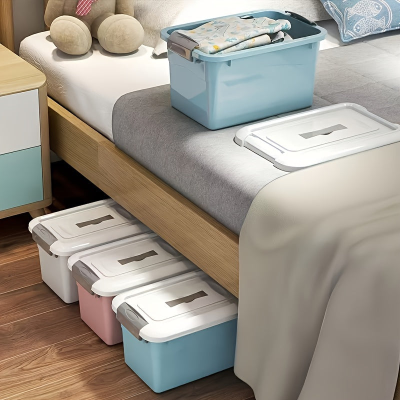 Modern square storage bins with lids - perfect for home, car, and student book organization. Waterproof plastic boxes with flip-top closure. Great for under-bed storage.