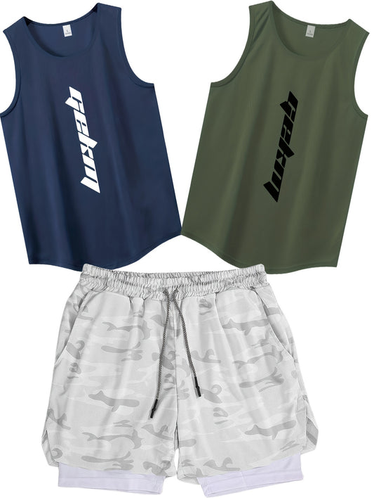 Men's Summer Fashion 3-pack of Sportswear, includes tank tops and drawstring shorts for casual, basketball, and fitness wear.