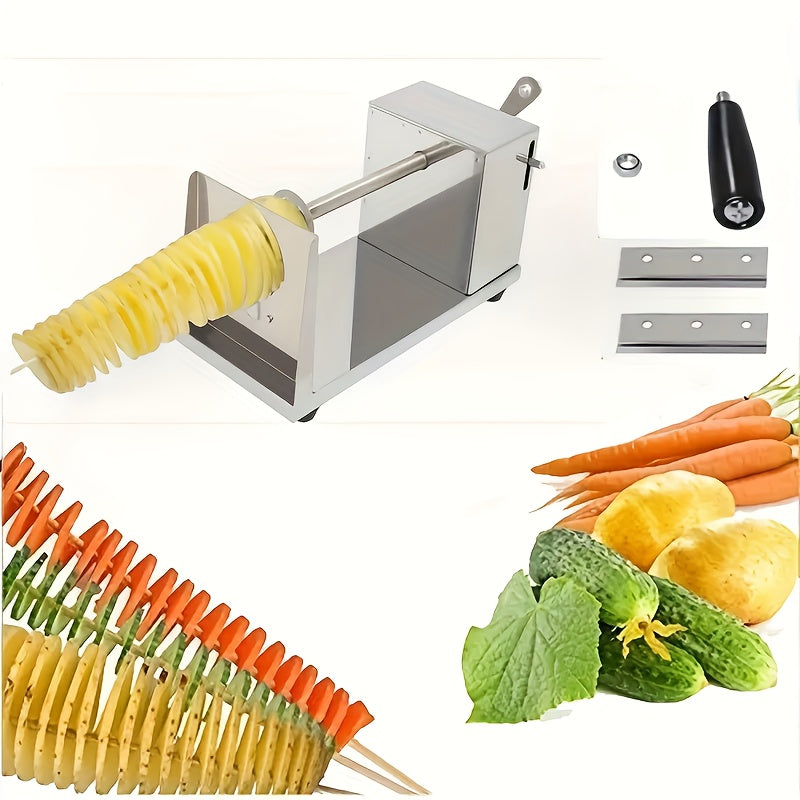 Manual potato slicer made of stainless steel with an alloy steel blade. This slicer is hand-operated and does not require any power. It has a rectangular shape and can be used to spiralize vegetables and fruits.