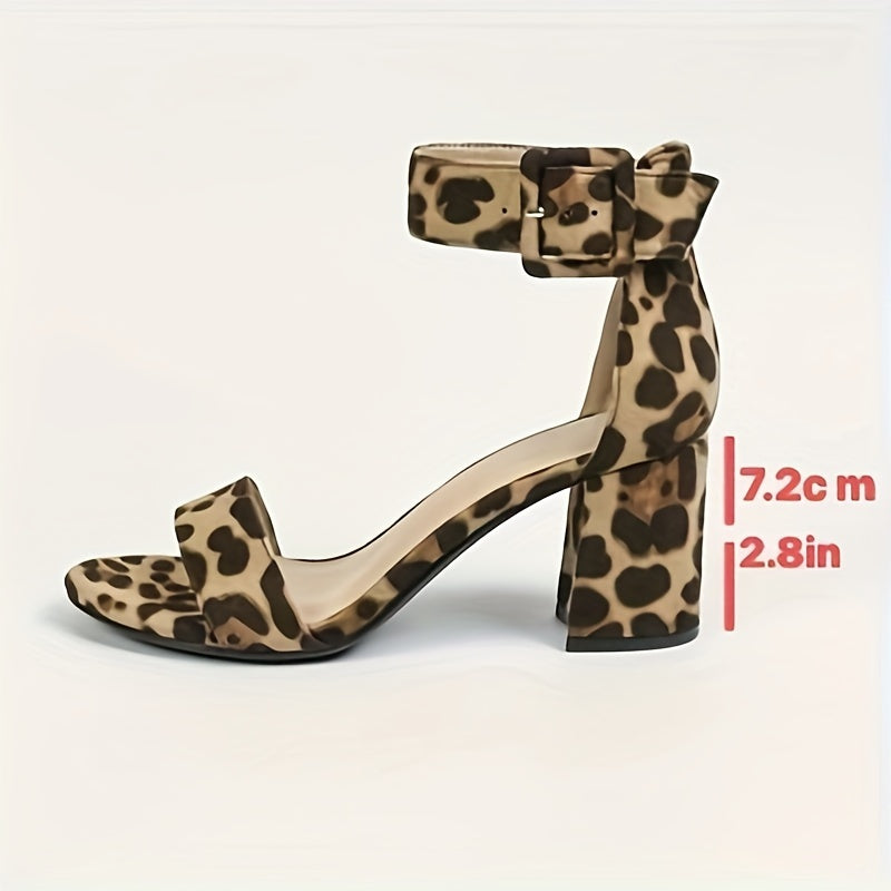 Leopard print sandals with ankle straps, chunky heels for walking, perfect for summer vacation.